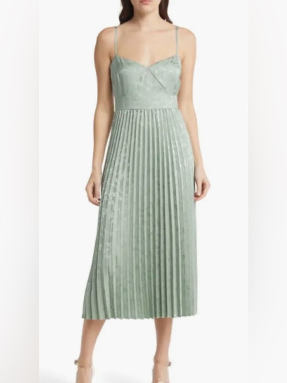 Lulus Pleated Floral Jacquard Midi Dress - Sage Green